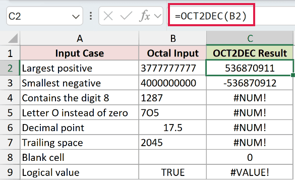 =OCT2DEC(B2) in C2