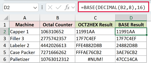 =BASE(DECIMAL(B2,8),16) in D2