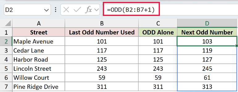 =ODD(B2:B7+1) in D2