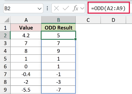 =ODD(A2:A9) in B2
