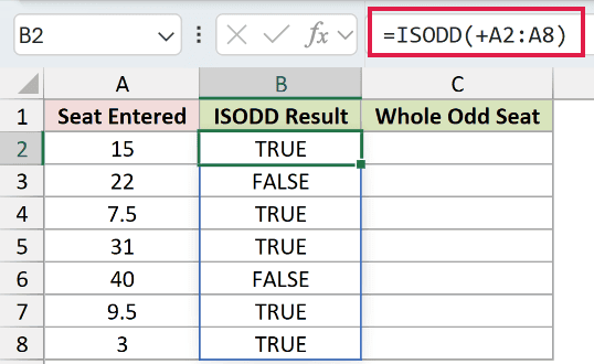 =ISODD(+A2:A8) in B2