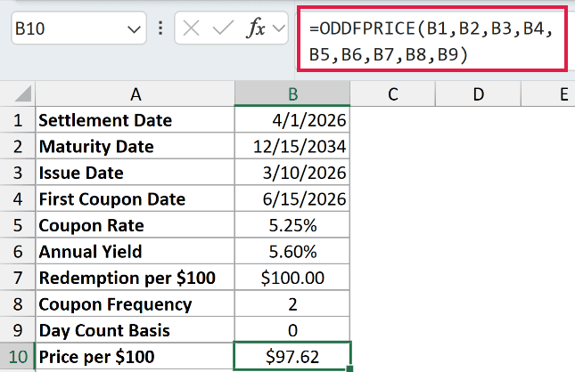 =ODDFPRICE(B1,B2,B3,B4,B5,B6,B7,B8,B9) in B10