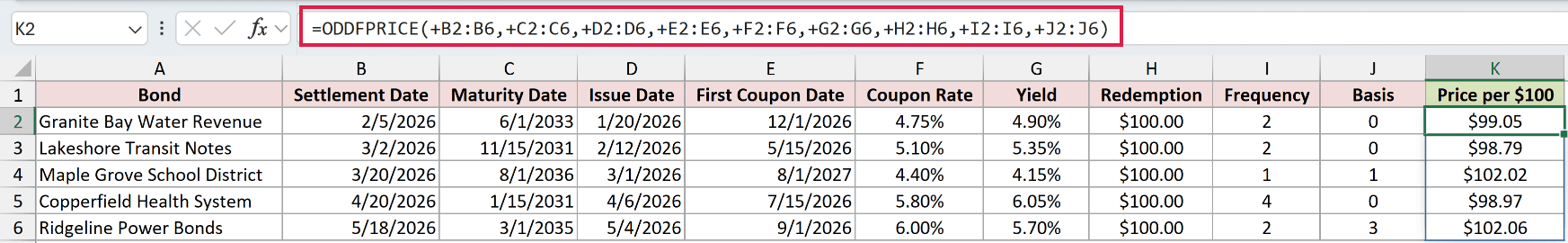 =ODDFPRICE(+B2:B6,+C2:C6,+D2:D6,+E2:E6,+F2:F6,+G2:G6,+H2:H6,+I2:I6,+J2:J6) in K2