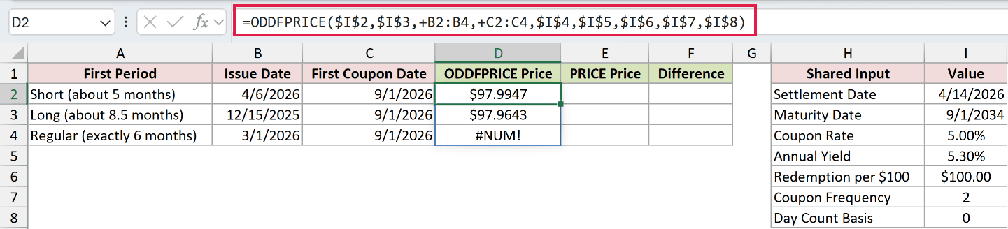 =ODDFPRICE($I$2,$I$3,+B2:B4,+C2:C4,$I$4,$I$5,$I$6,$I$7,$I$8) in D2