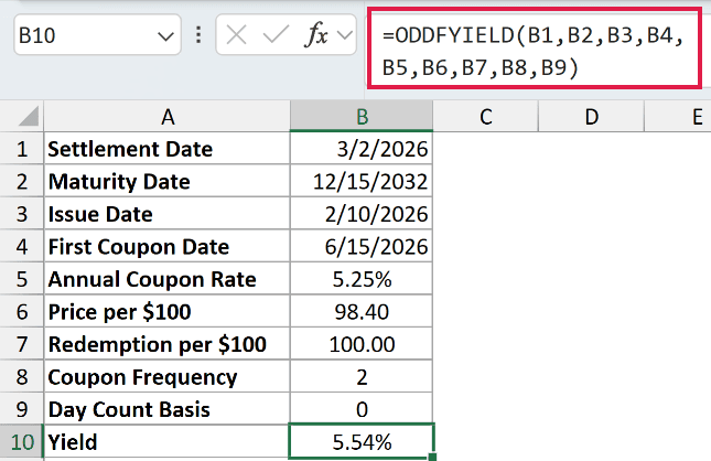 =ODDFYIELD(B1,B2,B3,B4,B5,B6,B7,B8,B9) in B10