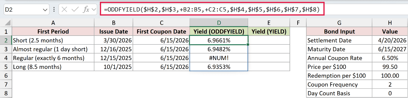 =ODDFYIELD($H$2,$H$3,+B2:B5,+C2:C5,$H$4,$H$5,$H$6,$H$7,$H$8) in D2