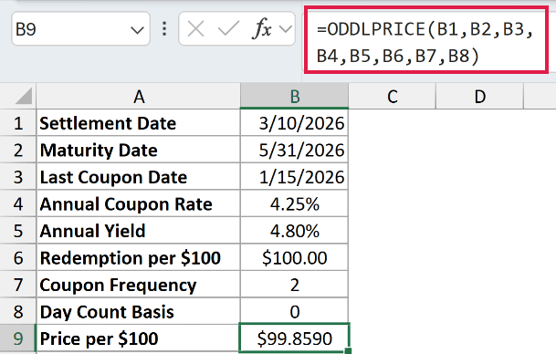 =ODDLPRICE(B1,B2,B3,B4,B5,B6,B7,B8) in B9