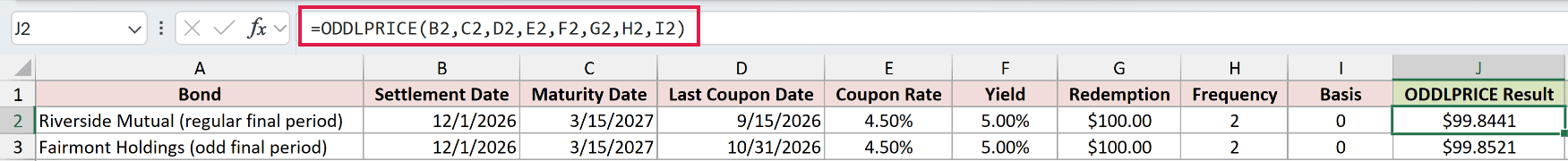 =ODDLPRICE(B2,C2,D2,E2,F2,G2,H2,I2) in J2