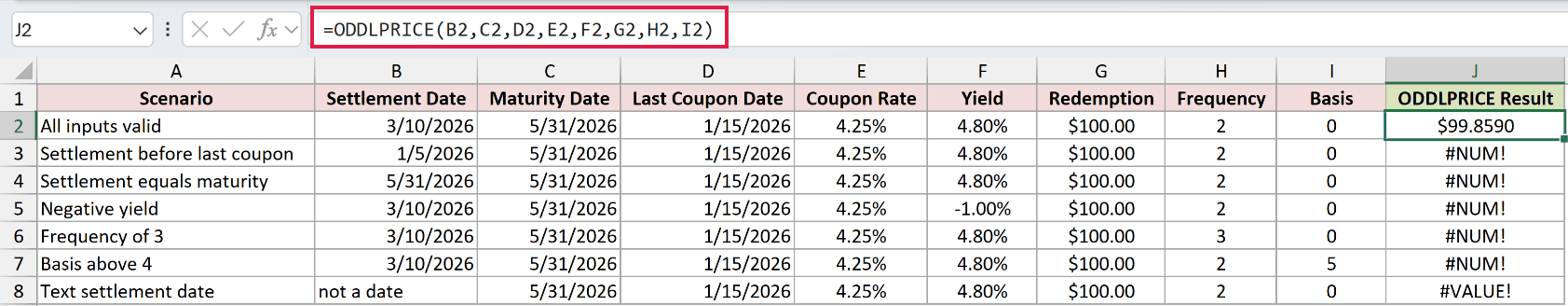 =ODDLPRICE(B2,C2,D2,E2,F2,G2,H2,I2) in J2