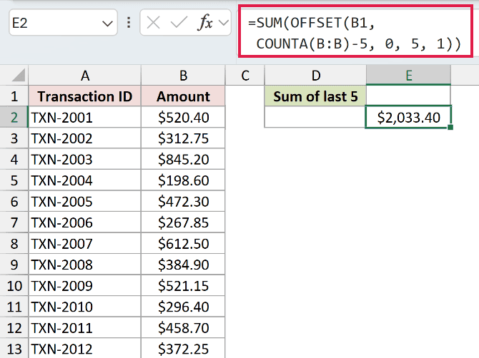 OFFSET Example 3: formula and calculated result in E2