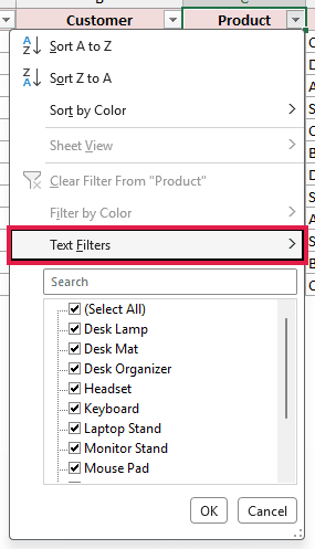 Product filter drop-down with Text Filters highlighted