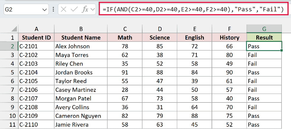 IF and AND formula returning Pass only when every score is at least 40.