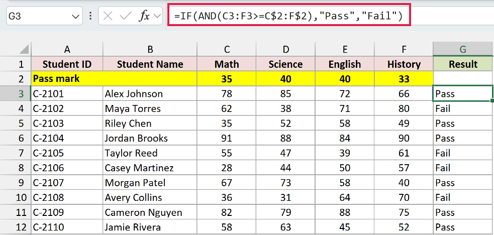 AND formula comparing each score with its own subject pass mark.