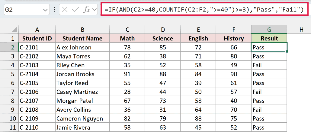 Formula requiring a Math pass plus at least 3 passed subjects.