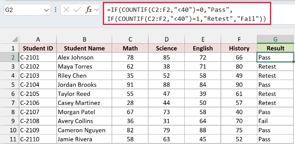 Nested IF formula returning Pass, Retest, or Fail.