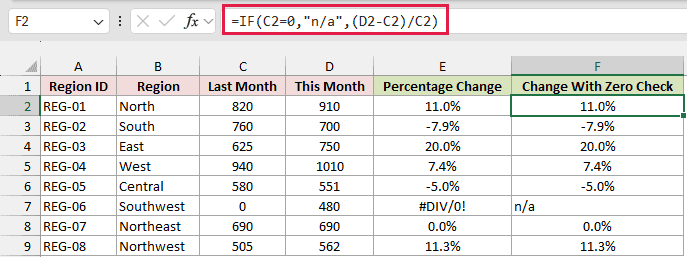 IF formula that returns n/a when last month is zero