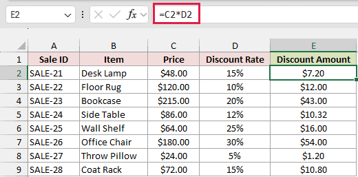Formula multiplying the price by the discount rate