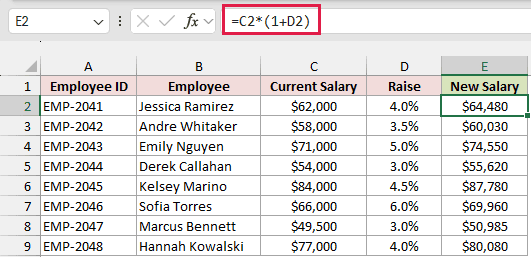 Formula increasing each salary by its raise percentage