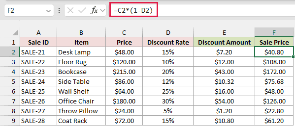 Formula calculating the sale price after the discount