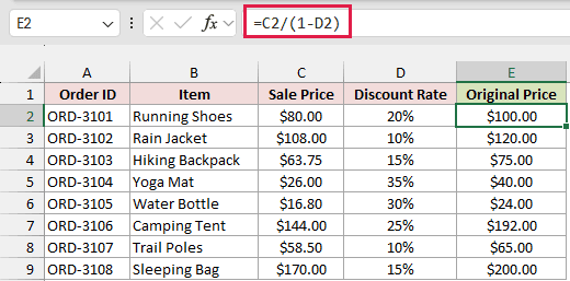 Formula finding the original price before the discount