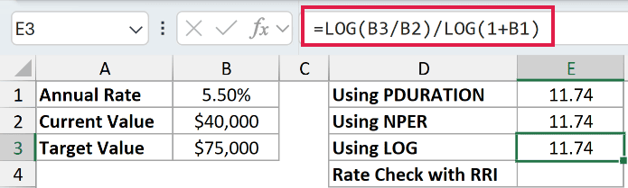 =LOG(B3/B2)/LOG(1+B1) in E3
