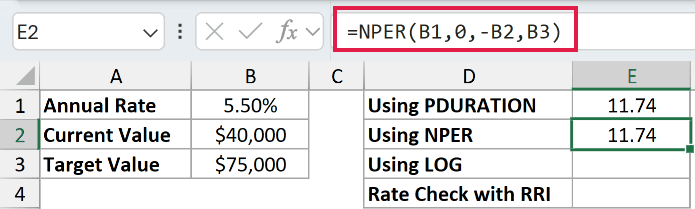 =NPER(B1,0,-B2,B3) in E2