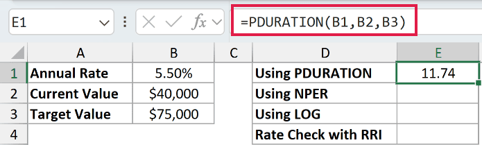 =PDURATION(B1,B2,B3) in E1