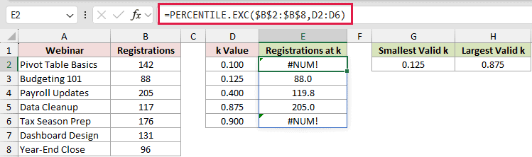 =PERCENTILE.EXC($B$2:$B$8,D2:D6) in E2