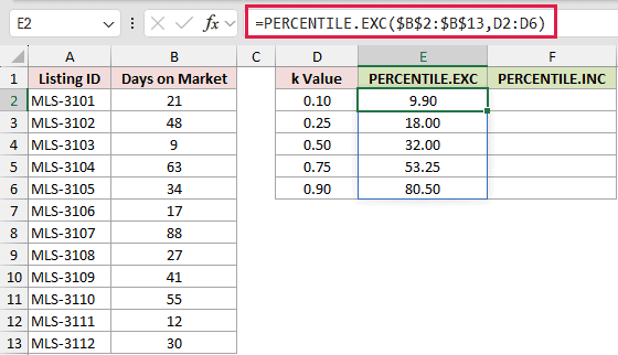 =PERCENTILE.EXC($B$2:$B$13,D2:D6) in E2