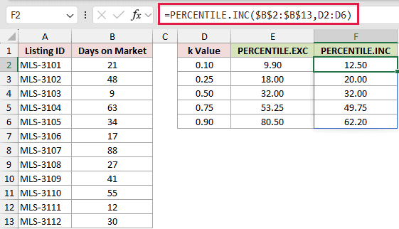 =PERCENTILE.INC($B$2:$B$13,D2:D6) in F2