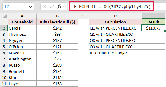 =PERCENTILE.EXC($B$2:$B$11,0.25) in E2
