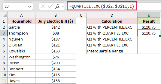 =QUARTILE.EXC($B$2:$B$11,1) in E3