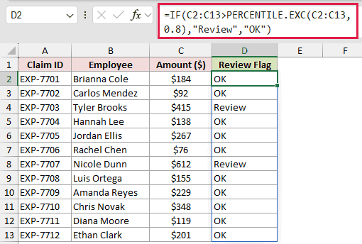 =IF(C2:C13>PERCENTILE.EXC(C2:C13,0.8),"Review","OK") in D2