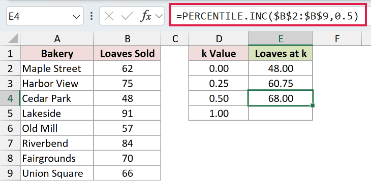 =PERCENTILE.INC($B$2:$B$9,0.5) in E4