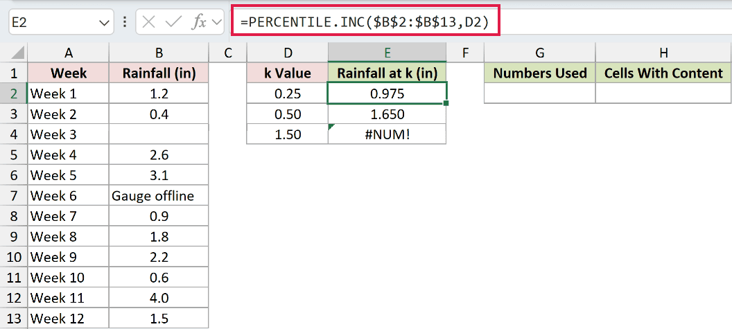 =PERCENTILE.INC($B$2:$B$13,D2) in E2