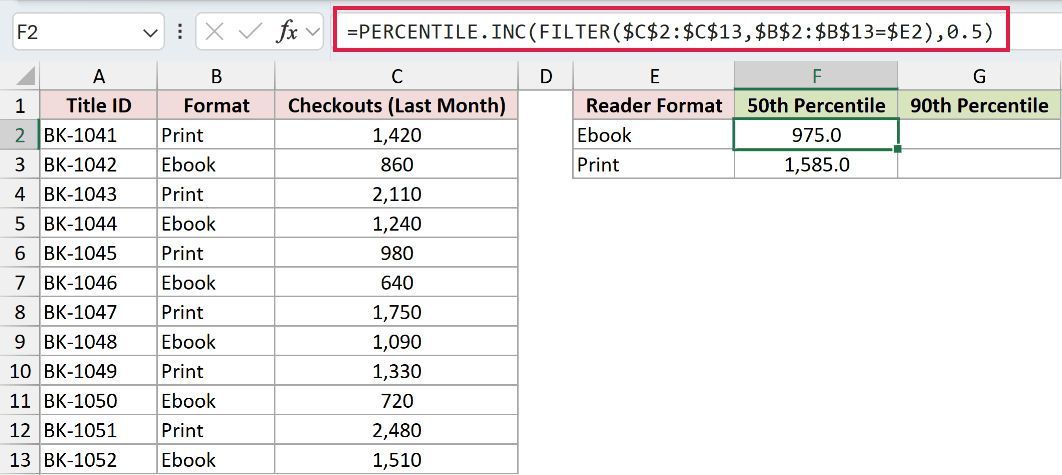 =PERCENTILE.INC(FILTER($C$2:$C$13,$B$2:$B$13=$E2),0.5) in F2