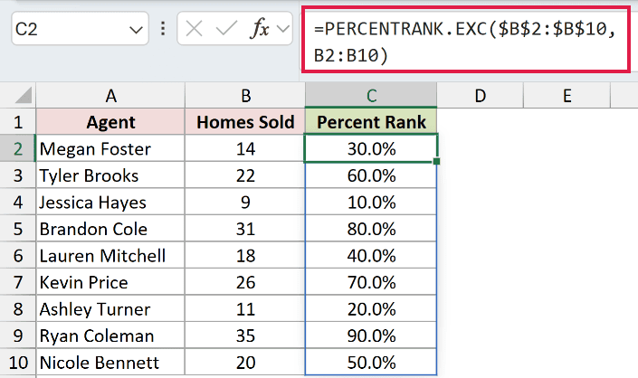 =PERCENTRANK.EXC($B$2:$B$10,B2:B10) in C2