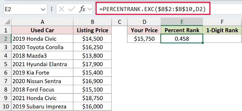 =PERCENTRANK.EXC($B$2:$B$10,D2) in E2