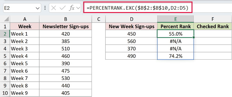 =PERCENTRANK.EXC($B$2:$B$10,D2:D5) in E2