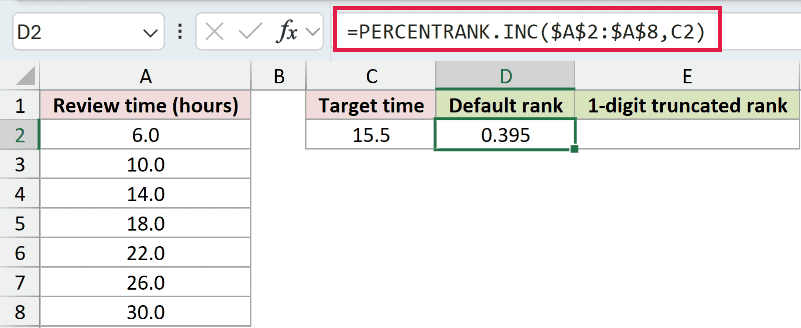 =PERCENTRANK.INC($A$2:$A$8,C2) in D2