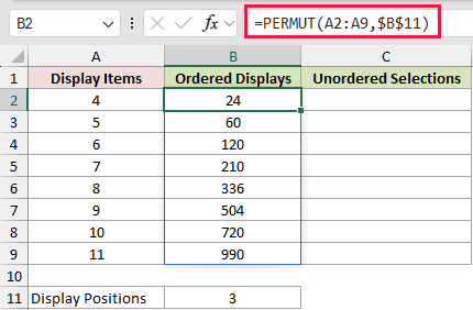PERMUT Versus COMBIN: formula in B2 and its calculated results in Excel.