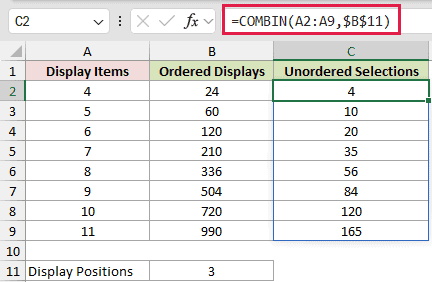 PERMUT Versus COMBIN: formula in C2 and its calculated results in Excel.
