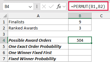 Calculate Award Probabilities: formula in B4 and its calculated results in Excel.