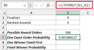 Calculate Award Probabilities: formula in B5 and its calculated results in Excel.