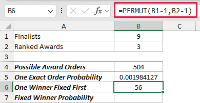 Calculate Award Probabilities: formula in B6 and its calculated results in Excel.