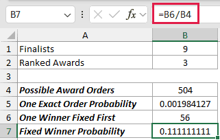 Calculate Award Probabilities: formula in B7 and its calculated results in Excel.