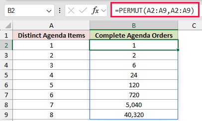 Full Arrangements and FACT: formula in B2 and its calculated results in Excel.