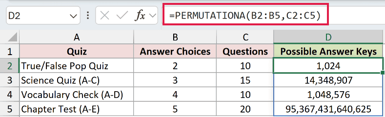 =PERMUTATIONA(B2:B5,C2:C5) in D2