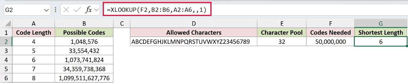 =XLOOKUP(F2,B2:B6,A2:A6,,1) in G2