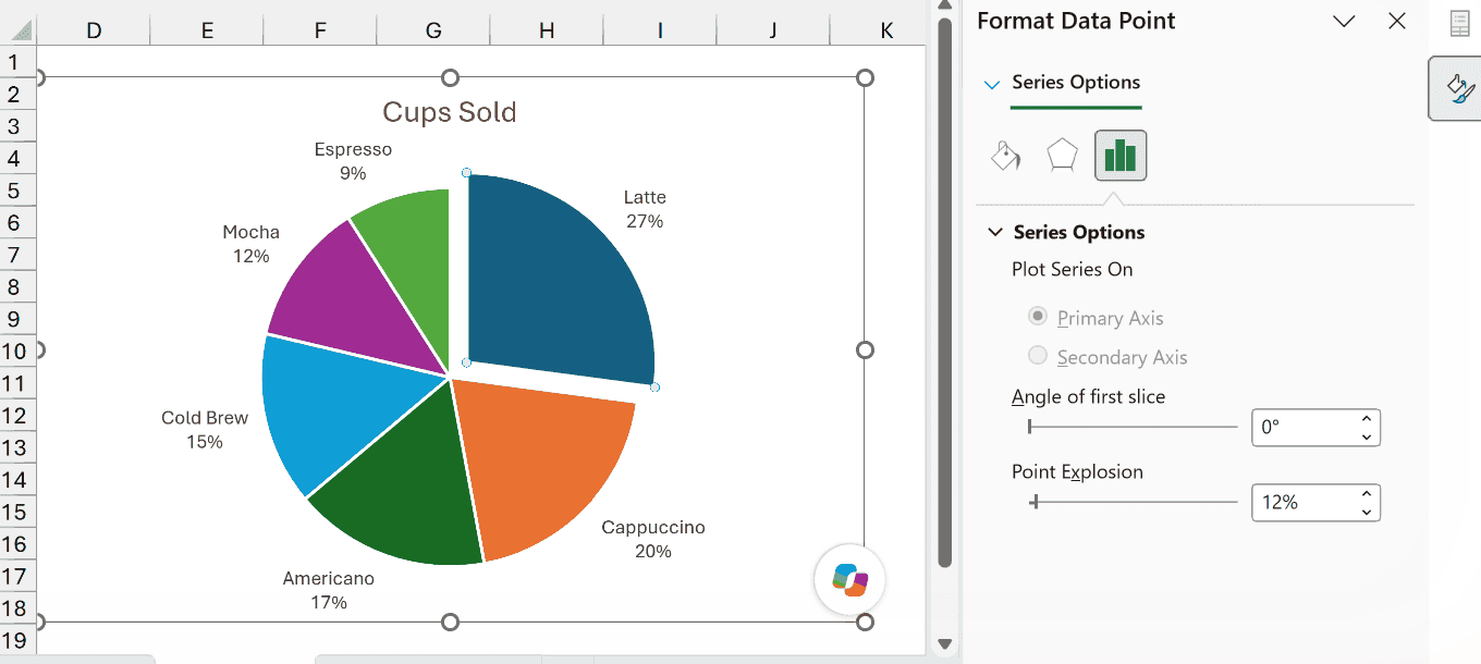Format Data Point pane with Point Explosion at 12%